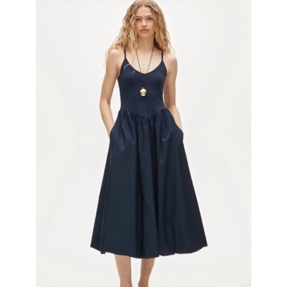 NEW J.Crew Navy Blue Midi Dress Mixed Media Bubble Hem Size Medium Preppy Ballet